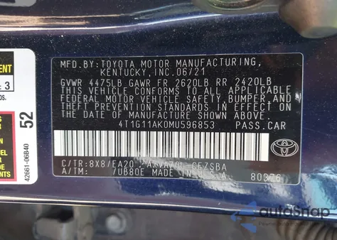2021 Toyota Camry Se from USA, damaged, VIN 4T1G11AK0MU596853